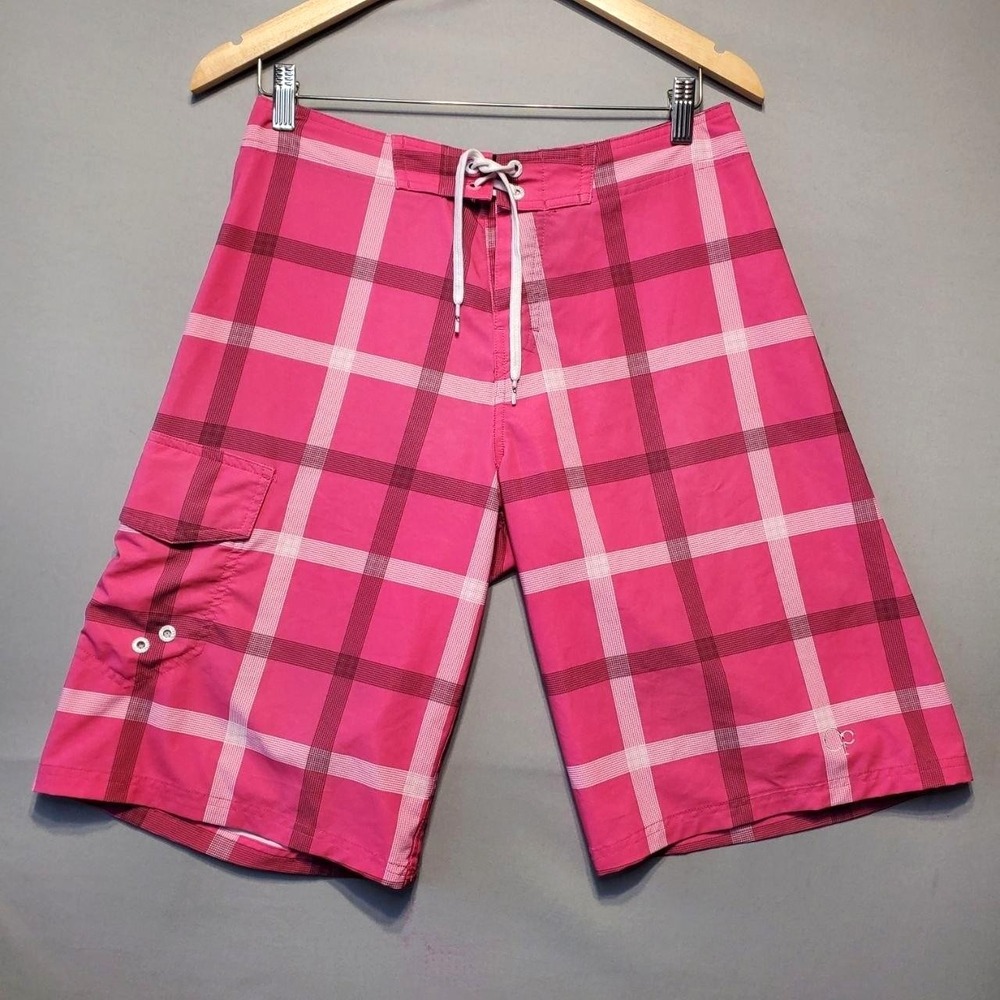 OP Flex 4-Way Stretch Board Shorts Mens 28 Pink Plaid Quick Dry Surf Beach Y2K